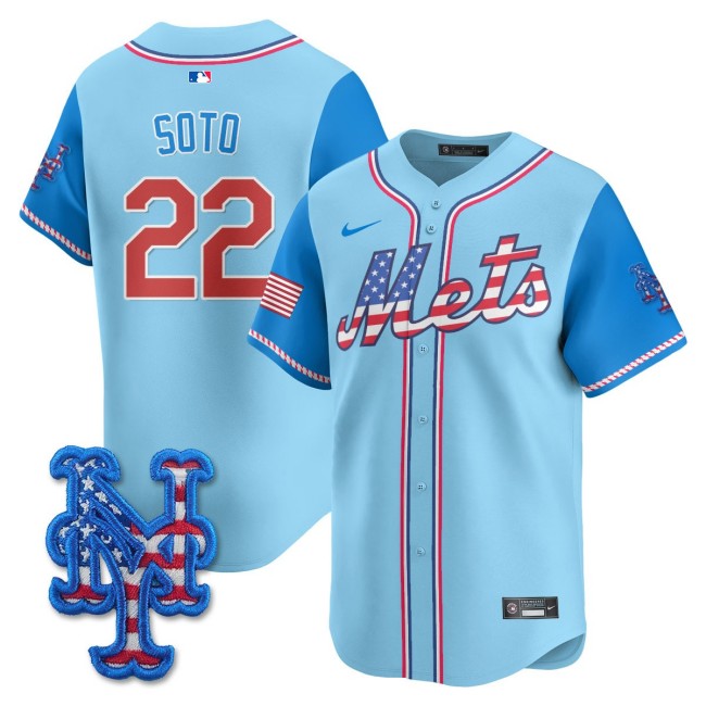 Men's NY Mets #22 Juan Soto Nike 2025 Fourth of July MLB Baseball Limited Jersey Light Blue - All Stitched