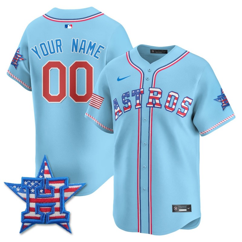 Houston Astros Nike 2025 Fourth of July Custom MLB Baseball Limited Jersey Light Blue - All Stitched