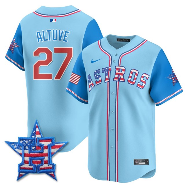 Men's Astros #27 Jose Altuve Nike 2025 Fourth of July MLB Baseball Limited Jersey Light Blue Alternate - All Stitched