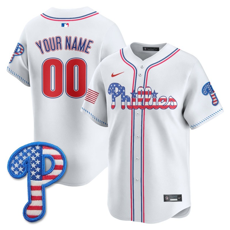Phillies Nike 2025 Fourth of July Custom MLB Baseball Limited Jersey White - All Stitched