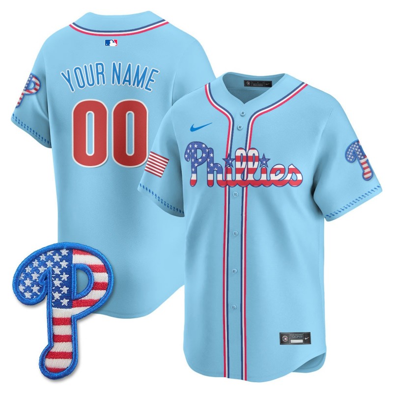 Phillies Nike 2025 Fourth of July Custom MLB Baseball Limited Jersey Light Blue - All Stitched