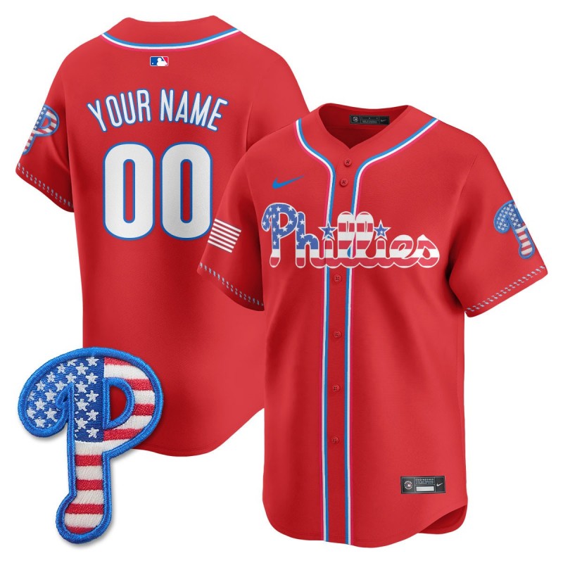 Phillies Nike 2025 Fourth of July Custom MLB Baseball Limited Jersey Red - All Stitched