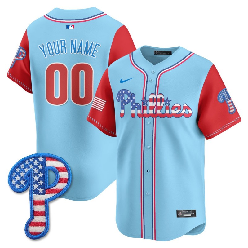 Phillies Nike 2025 Fourth of July Custom MLB Baseball Limited Jersey Light Blue Alternate - All Stitched
