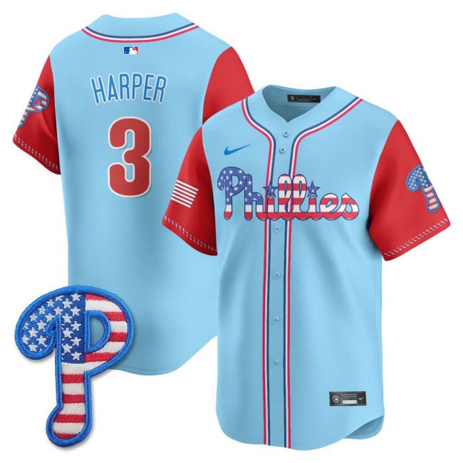 Men's Nike Phillies #3 Bryce Harper 2025 4TH of July MLB Baseball Limited Jersey Light Blue Alternate - All Stitched