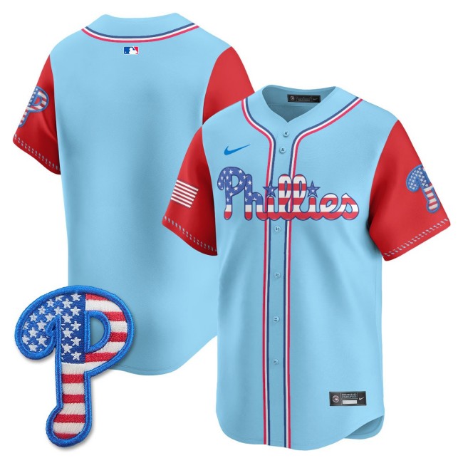 Men's Phillies Team Nike Blank 2025 Fourth of July MLB Baseball Limited Jersey Light Blue Alternate - All Stitched