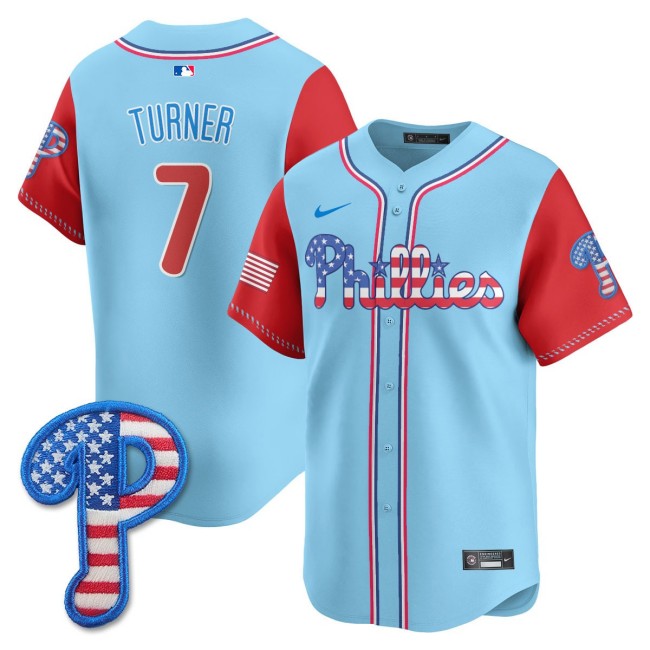 Men's Nike Phillies #7 Trea Turner 2025 Fourth of July MLB Baseball Limited Jersey Light Blue Alternate - All Stitched