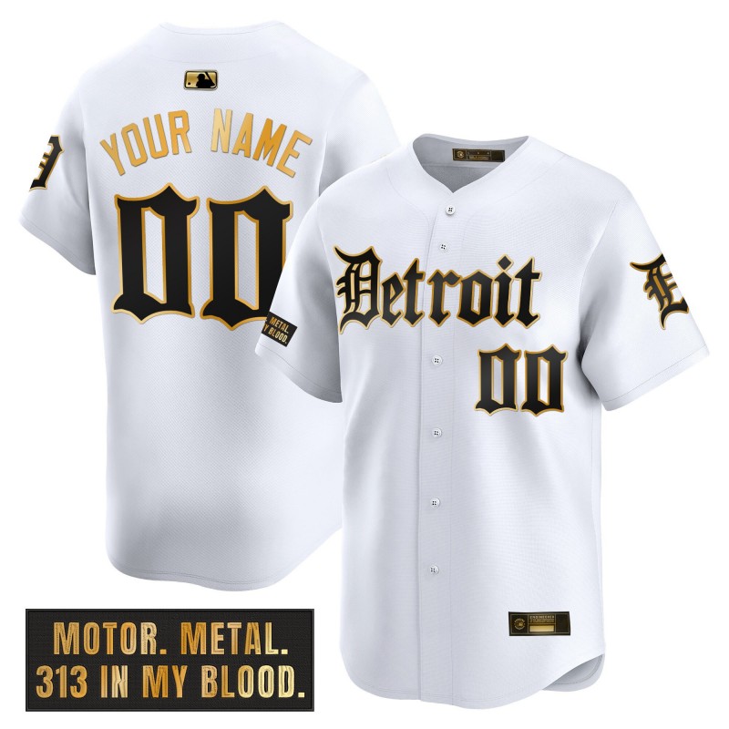 Detroit Tigers Custom Nike 'Motor Gothic Edition' Gold MLB Baseball Limited Jersey White Gold - All Stitched
