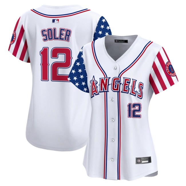 Women's LA Angels #12 Jorge Soler Nike White 2025 Independence Day MLB Baseball Limited Jersey - All Stitched