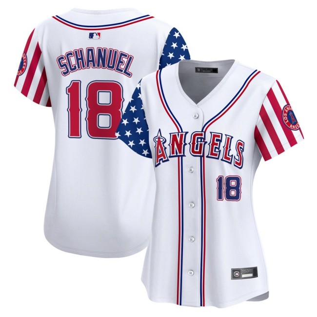 Women's LA Angels #18 Nolan Schanuel Nike White 2025 Independence Day MLB Baseball Limited Jersey - All Stitched