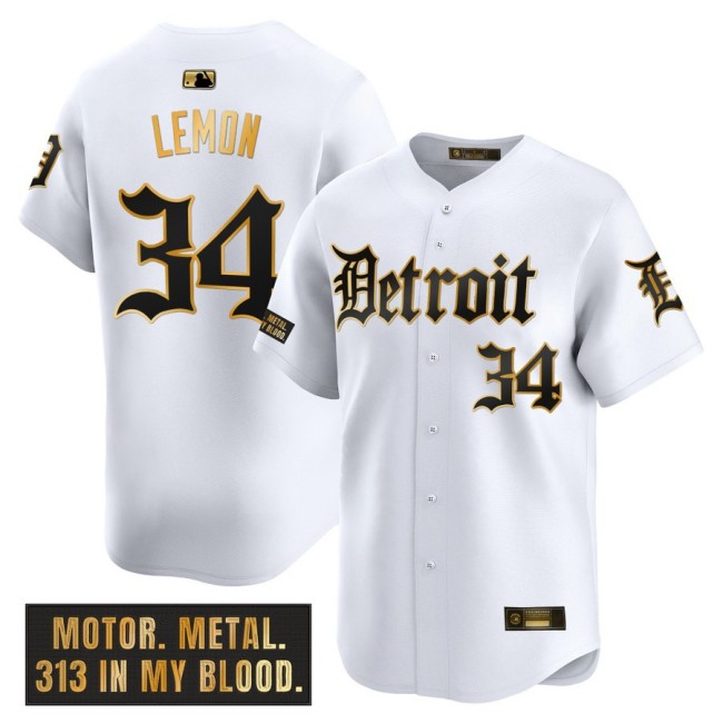 Men's Tigers #34 Chet Lemon Nike White 'Motor Gothic Edition' Gold MLB Baseball Limited Jersey - All Stitched