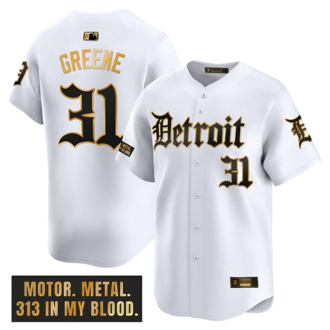 Men's Tigers #31 Riley Greene Nike White 'Motor Gothic Edition' Gold MLB Baseball Limited Jersey - All Stitched