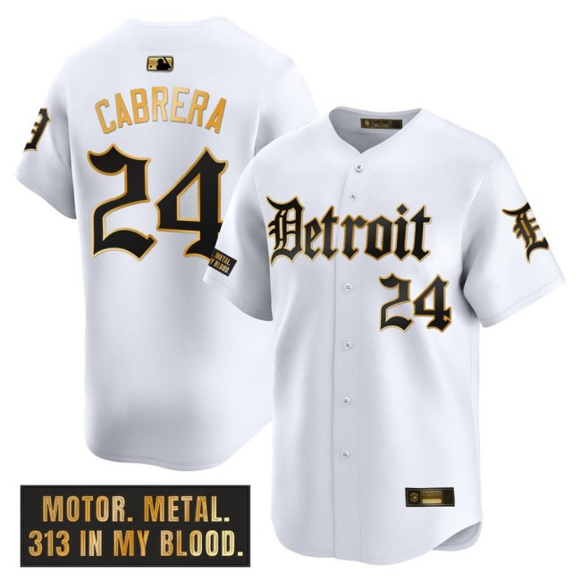 Men's Tigers #24 Miguel Cabrera Nike White 'Motor Gothic Edition' Gold MLB Baseball Limited Jersey - All Stitched