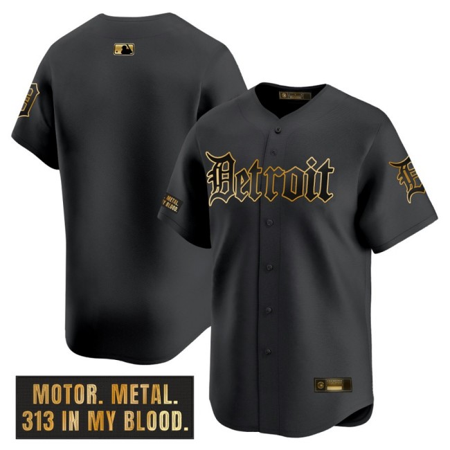 Men's Tigers Team Blank Nike Black 'Motor Gothic Edition' Gold MLB Baseball Limited Jersey - All Stitched