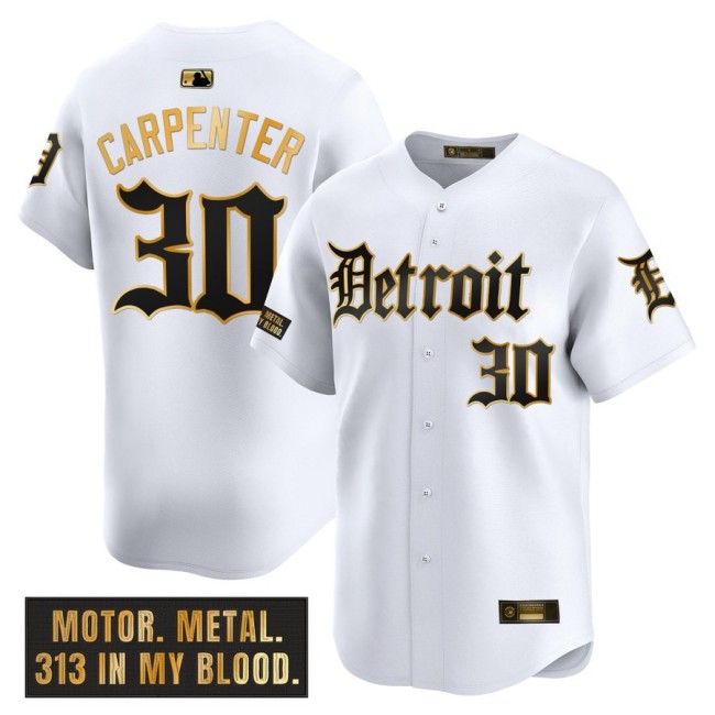 Men's Tigers #30 Kerry Carpenter Nike White 'Motor Gothic Edition' Gold MLB Baseball Limited Jersey - All Stitched
