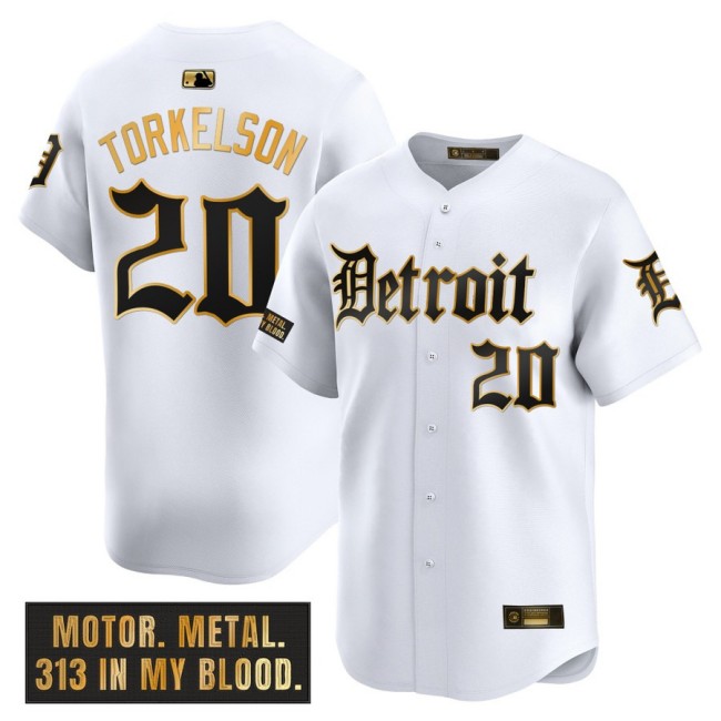 Men's Tigers #20 Spencer Torkelson Nike White 'Motor Gothic Edition' Gold MLB Baseball Limited Jersey - All Stitched