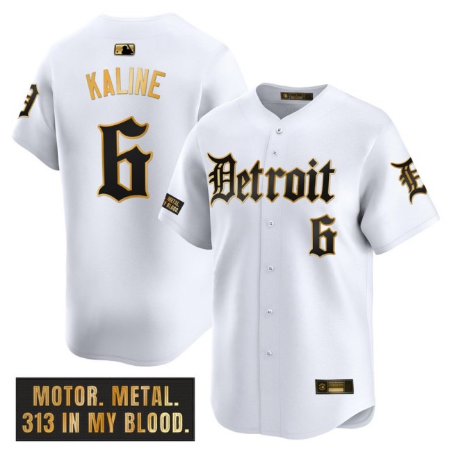 Men's Tigers #6 Al Kaline Nike White 'Motor Gothic Edition' Gold MLB Baseball Limited Jersey - All Stitched
