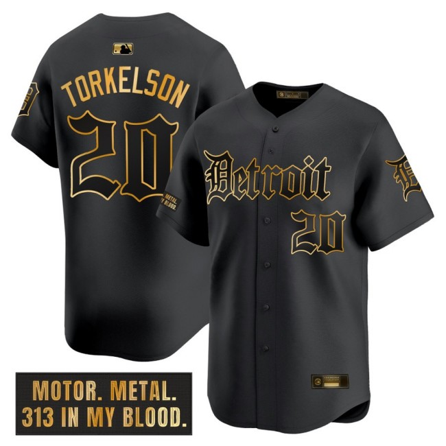 Men's Tigers #20 Spencer Torkelson Nike Black 'Motor Gothic Edition' Gold MLB Baseball Limited Jersey - All Stitched