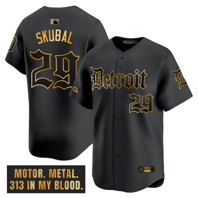 Men's Tigers #29 Tarik Skubal Nike Black 'Motor Gothic Edition' Gold MLB Baseball Limited Jersey - All Stitched