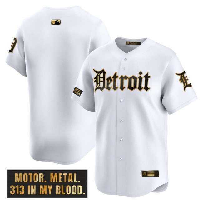 Men's Tigers Team Blank Nike White 'Motor Gothic Edition' Gold MLB Baseball Limited Jersey - All Stitched