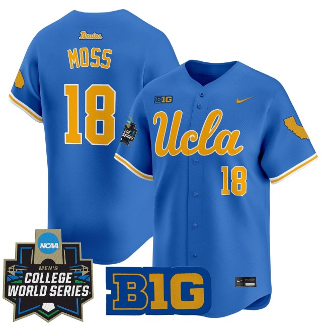 Men's UCLA Bruins #18 Wylan Moss Nike Blue 2025 NCAA World Series Baseball Limited Stitched Jersey