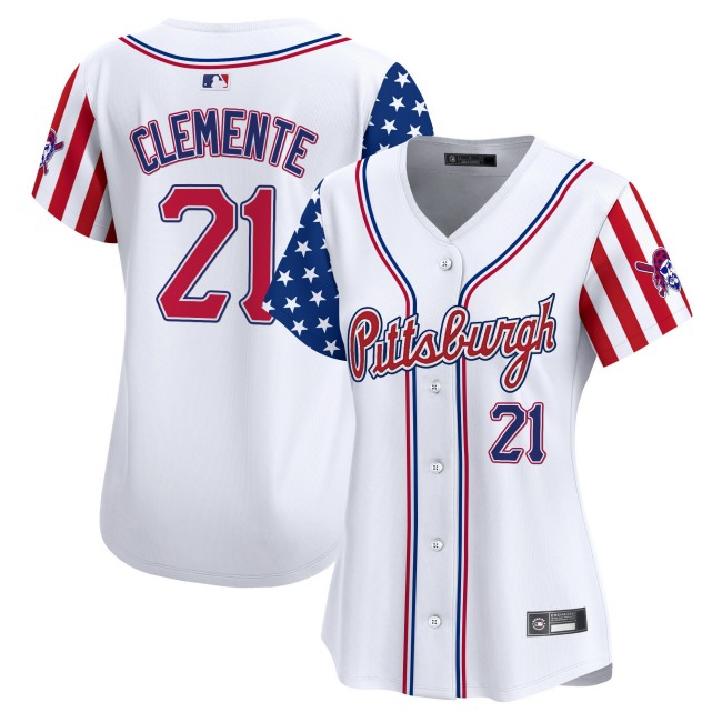 Women's Pittsburgh Pirates #21 Roberto Clemente White 2025 Independence Day Limited Stitched Baseball Jersey