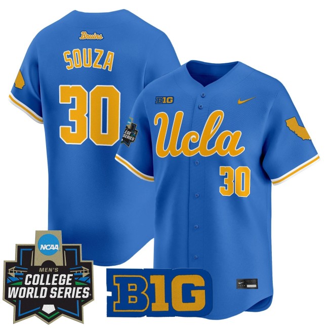 Men's UCLA Bruins #30 August Souza Nike Blue 2025 NCAA World Series Baseball Limited Stitched Jersey