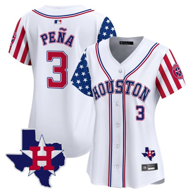 Women's Houston Astros #3 Jeremy Pena White 2025 Independence Day MLB Limited Stitched Baseball Jersey State Map Patch