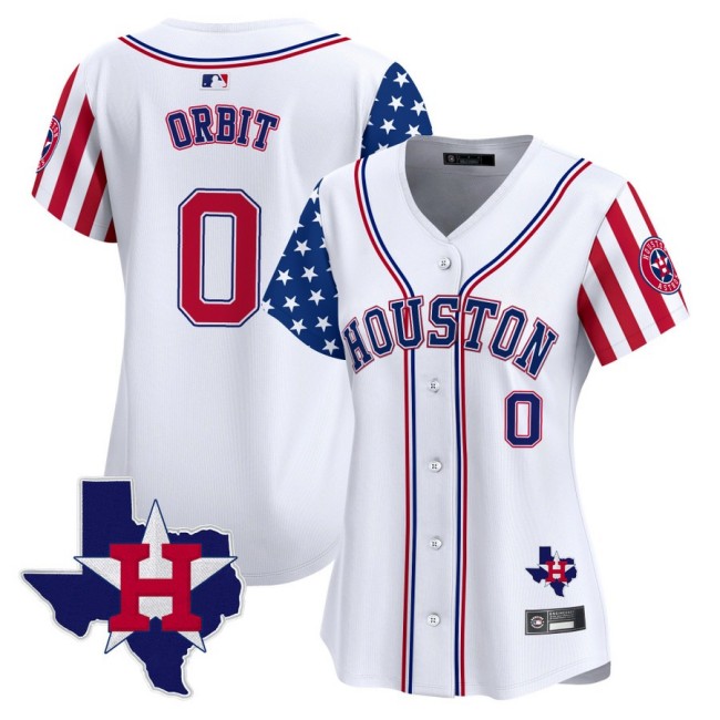 Women's Houston Astros #0 Orbit White 2025 Independence Day MLB Limited Stitched Baseball Jersey State Map Patch