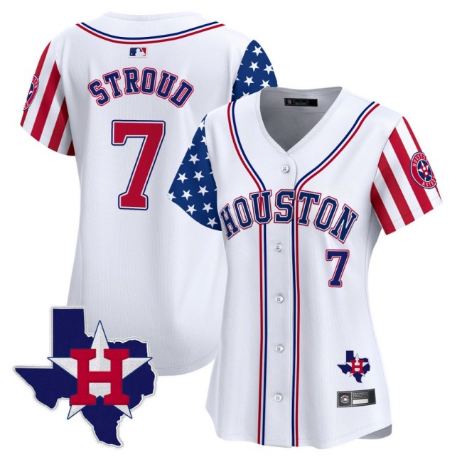 Women's Houston Astros #7 CJ Stroud White 2025 Independence Day MLB Limited Stitched Baseball Jersey State Map Patch