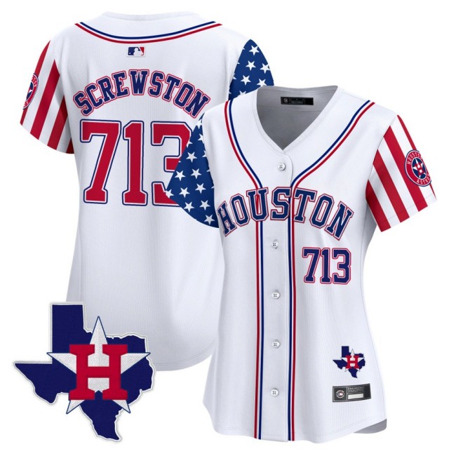 Women's Houston Astros 713 Screwston White 2025 Independence Day MLB Limited Stitched Baseball Jersey State Map Patch
