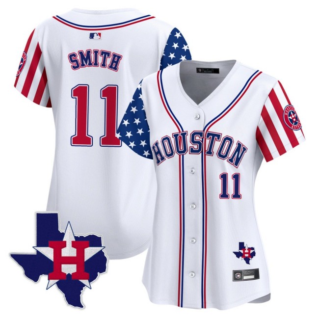 Women's Houston Astros #11 Cam Smith White 2025 Independence Day MLB Limited Stitched Baseball Jersey State Map Patch