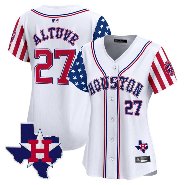 Women's Houston Astros #27 Jose Altuve White 2025 Independence Day MLB Limited Stitched Baseball Jersey State Map Patch
