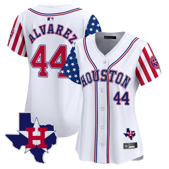 Women's Houston Astros #44 Yordan Alvarez White 2025 Independence Day MLB Limited Stitched Baseball Jersey State Map Patch