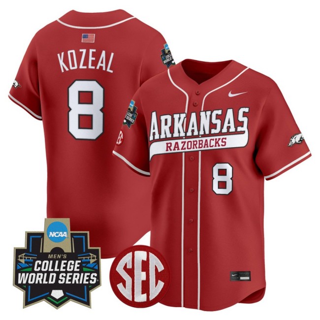 Men's Arkansas Baseball #8 Cam Kozeal Nike 2025 NCAA World Series Limited Stitched Jersey Red