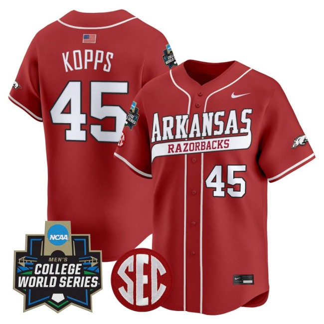 Men's Arkansas Baseball #45 Kevin Kopps Nike 2025 NCAA World Series Limited Stitched Jersey Red