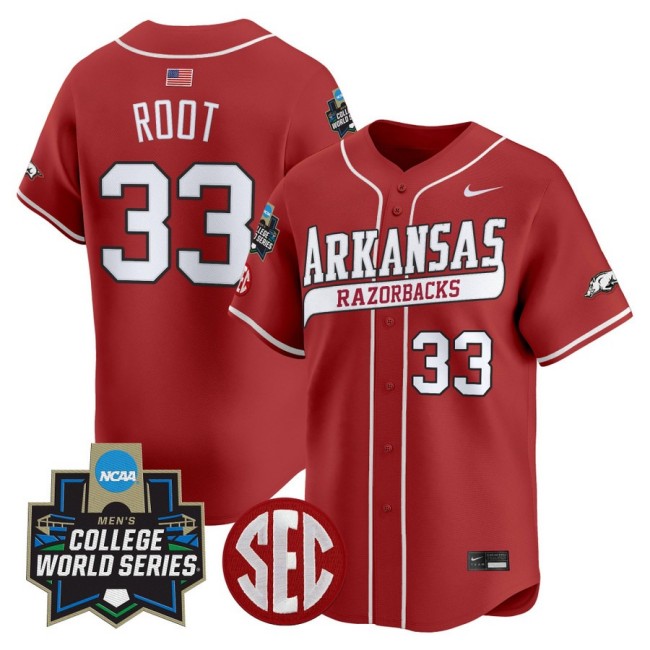 Men's Arkansas Baseball #33 Zach Root Nike 2025 NCAA World Series Limited Stitched Jersey Red