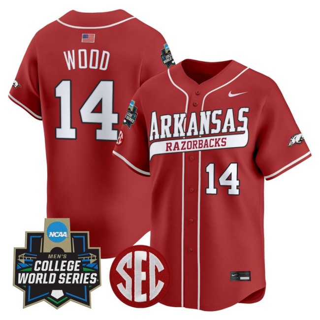 Men's Arkansas Baseball #14 Gage Wood Nike 2025 NCAA World Series Limited Stitched Jersey Red
