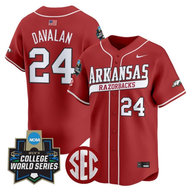 Men's Arkansas Baseball #24 Charles Davalan Nike 2025 NCAA World Series Baseball Limited Stitched Jersey Red