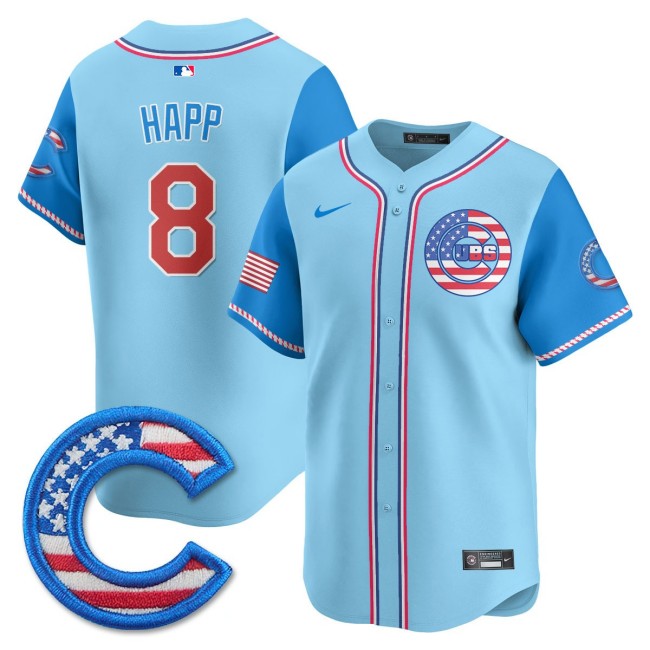 Men's Chicago Cubs #8 Ian Happ Nike 2025 4TH OF JULY Stitched MLB Jersey Light Blue Alternate
