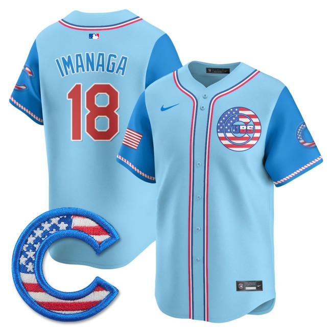 Men's Chicago Cubs #18 Imanaga Shota Nike 2025 4TH OF JULY Stitched MLB Jersey Light Blue Alternate