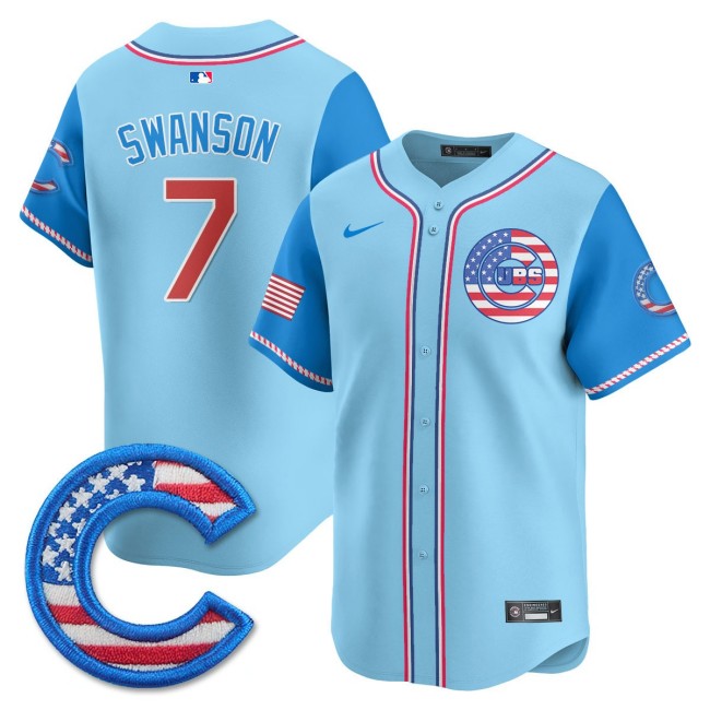 Men's Chicago Cubs #7 Dansby Swanson Nike 2025 4TH OF JULY Stitched MLB Jersey Light Blue Alternate