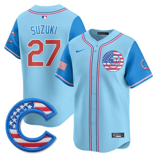 Men's Chicago Cubs #27 Seiya Suzuki Nike 2025 4TH OF JULY Stitched MLB Jersey Light Blue Alternate