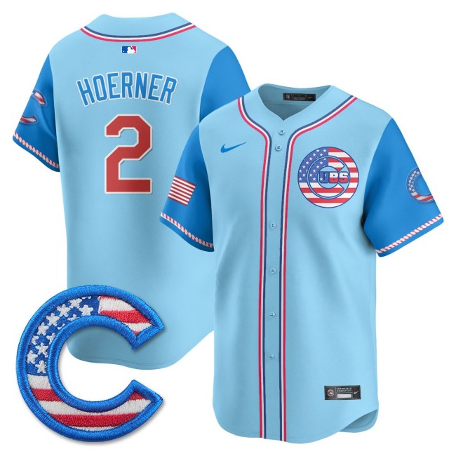 Men's Chicago Cubs #2 Nico Hoerner Nike 2025 4TH OF JULY Stitched MLB Jersey Light Blue Alternate