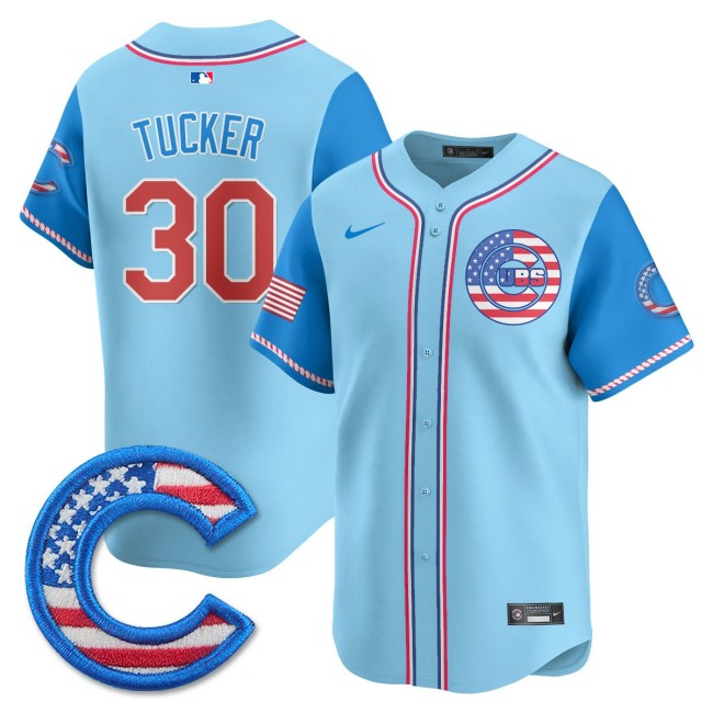 Men's Chicago Cubs #30 Kyle Tucker Nike 2025 4TH OF JULY Stitched MLB Jersey Light Blue Alternate