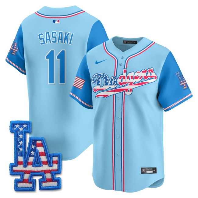 Men's LA Dodgers Nike #11 Roki Sasaki 2025 4th of July Stitched MLB Jersey Light Blue Alternate