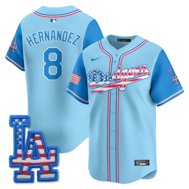 Men's LA Dodgers Nike #8 Kike Hernandez 2025 4th of July Stitched MLB Jersey Light Blue Alternate