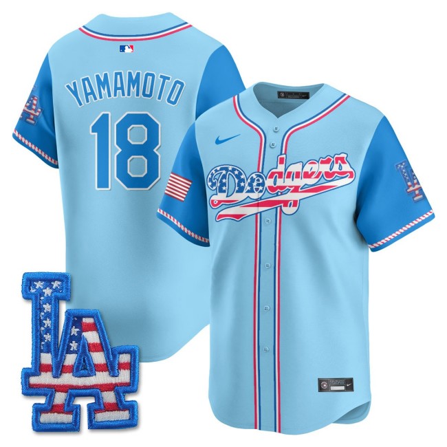 Men's LA Dodgers Nike #18 Yamamoto 2025 4th of July Stitched MLB Jersey Light Blue Alternate