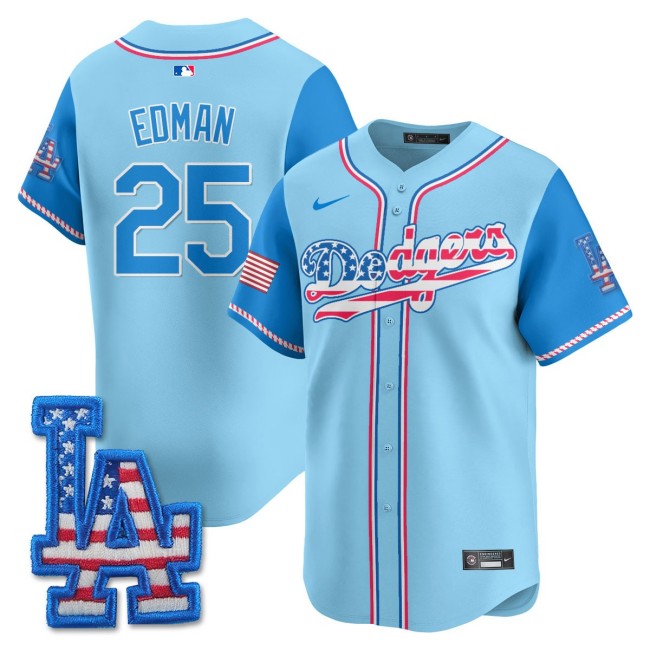 Men's LA Dodgers Nike #25 Tommy Edman 2025 4th of July Stitched MLB Jersey Light Blue Alternate
