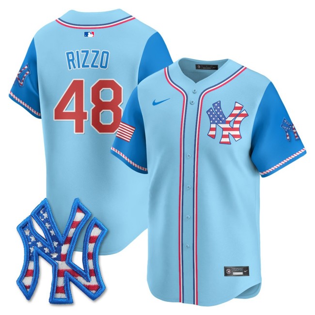 Men's NY Yankees #48 Anthony Rizzo Nike 2025 4TH OF JULY Stitched MLB Jersey Light Blue Alternate