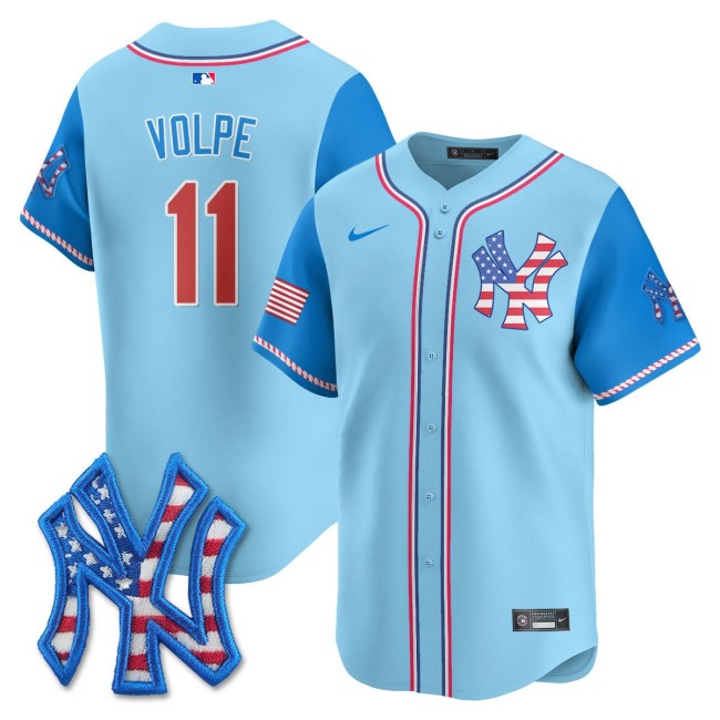 Men's NY Yankees #11 Anthony Volpe Nike 2025 4TH OF JULY Stitched MLB Jersey Light Blue Alternate